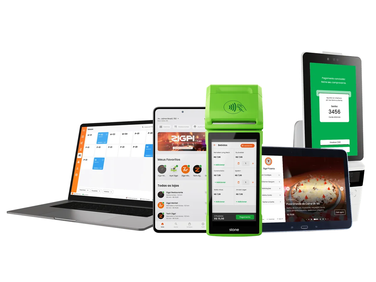 POS Stone, tablet, celular e notebook rodando o ecossistema Pigz